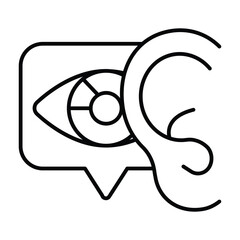 Poster - Ear and bubble with eye thin line icon, neural network concept. Vector graphics. Sound recognition, data training sign on white background, style mobile or design.