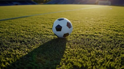 Aufkleber - Classic leather soccer ball resting motionless on verdant stadium field, basking in golden sunset light and casting long shadow across manicured grass