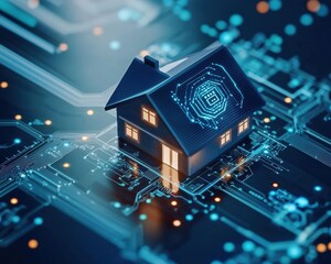 Aufkleber - A house is shown on a circuit board with a blue roof