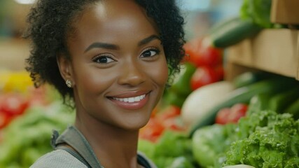 Aufkleber - A woman stands in front of a colorful vegetable stand