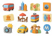 © Ludmila Zabaranilova - Colorful travel icons featuring transport, maps, and landmarks