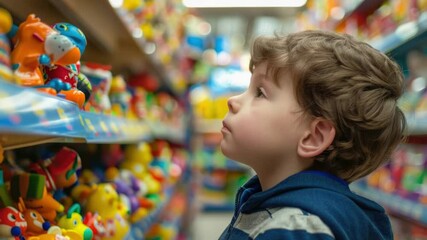 Aufkleber - A young boy examining toys on shelves in a retail store