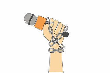 Poster - Single continuous line drawing hand holding mic of reporter and wrapped in chain. Freedom under threat. No news digging allowed. Power. World Press Freedom Day. One line design vector illustration