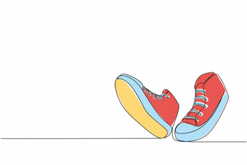 Poster - Continuous one line drawing a pair of sneakers like walking. Very comfortable to use for walking or even running. National Two Different Colored Shoes Day. Single line draw design vector illustration