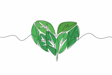 Wall Mural - continuous one line drawing heart shape made up of leaves. symbolism of the earth loves green plants