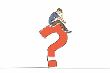 Poster - Continuous one line drawing young man sitting on a big question mark while contemplating. Miscalculation. Regret the choice deeply. National Day of Reason. Single line draw design vector illustration