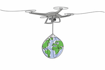 Poster - Continuous one line drawing drone carrying globe. Definition of technology that helps humans. Flying without the need for a pilot. International Drone Day. Single line draw design vector illustration