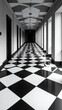 © CeeStudio - Checkerboard Corridor: A symmetrical corridor unfolds, its checkered floor leading the eye to a distant vanishing point. The interplay of light and shadow defines the architectural lines.