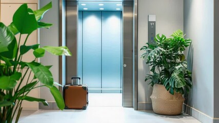 Aufkleber - A small plant in a decorative pot placed next to an elevator, ideal for office or commercial use