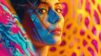 Poster - Close-up portrait of a woman's face on a vibrant background, great for illustration or design projects