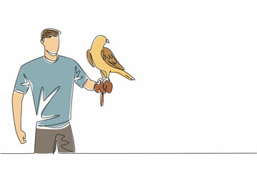 Poster - Single one line drawing white and beige falcon bird perched on hand of man. Bird of prey that has excellent flying and hunting abilities. Man Holding Bird. Continuous line design graphic illustration