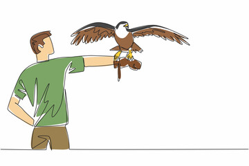 Poster - Single one line drawing peregrine falcon perched on hand of man. Predator with yellow beak and short tail. Eating other bird. Strong claw. Man Holding Bird. Continuous line design graphic illustration