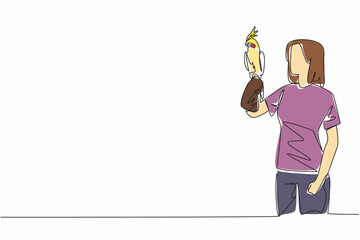 Poster - Continuous one line drawing white cockatiel bird perched on hand of woman. The bird that can be kept as a pet comes from Australia. Woman Holding Bird. Single line draw design vector illustration