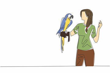 Poster - Single one line drawing blue gold macaw parrot perched on hand of woman. Large parrot with long tail feathers. Grain eaters. Pets. Woman Holding Bird. Continuous line design graphic illustration