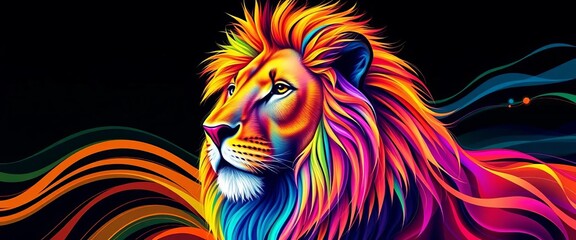Wall Mural - Abstract lion, vibrant colors, dynamic lines & curves , generative, modern art