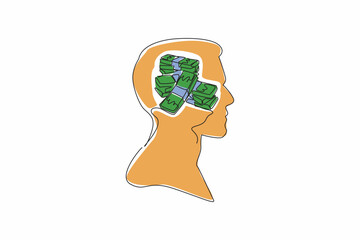 Poster - Continuous one line drawing the head of a man with pile of banknotes in the middle of his head. Estimated profit this week. Profit. Inside the Head of Man. Single line draw design vector illustration