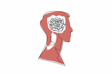 Poster - Continuous one line drawing the head of a man with a tangled wire in the middle of his head. Too many problems. Involute. Complex. Inside the Head of Man. Single line draw design vector illustration