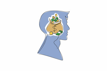 Poster - Single one line drawing head of man with an open money bag in the middle of his head. The best place to save money is to invest it. Inside the Head of Man. Continuous line design graphic illustration