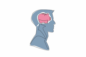 Poster - Single one line drawing the head of a young man with a piggy bank in the middle of his head. Investing for financial freedom. Save. Inside the Head of Man. Continuous line design graphic illustration