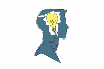 Poster - Single continuous line drawing the head of a man has a lightbulb in the middle of his head. A brilliant idea that comes suddenly. Creative. Inside the Head of Man. One line design vector illustration