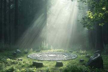 Wall Mural - circular pattern on ground in forest with sun rays shining through trees.