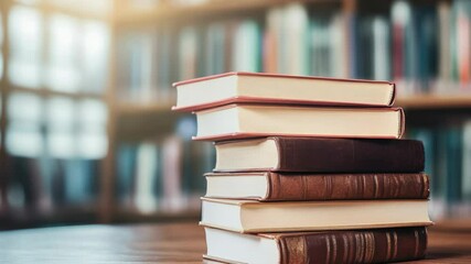 Poster - A stack of books sitting on a wooden table, perfect for studying or reading