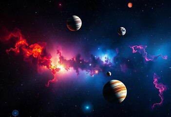 Wall Mural - Vibrant stars and planets burst across a dark, cosmic canvas,  cosmos, celestial