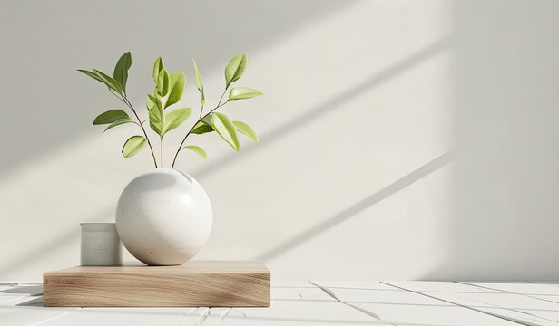 Wooden cube podium and white ceramic vase with a green plant on an empty background for product presentation, as a mockup scene template design concept
