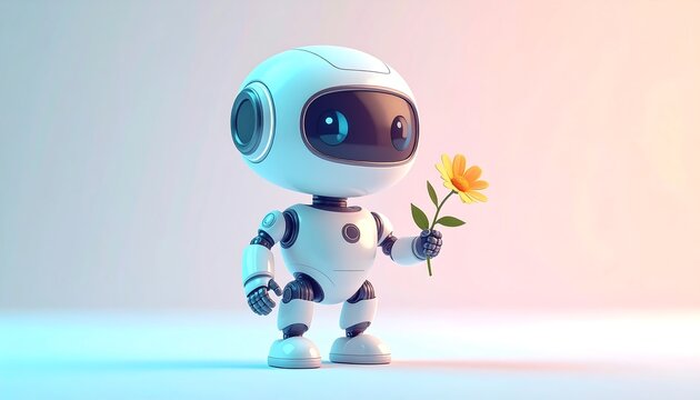 Adorable Robot Holding a Flower AI, Technology, and Nature's Gentle Embrace