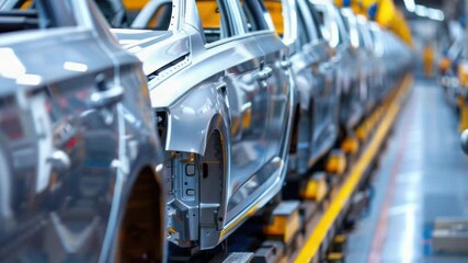 Poster - Cars being manufactured on an assembly line in a factory setting