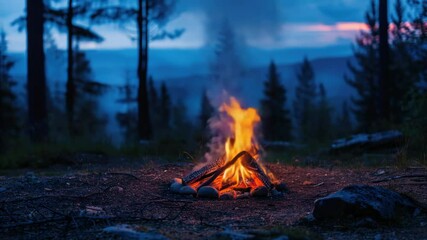 Poster - A rustic campfire set amidst a dense forest, perfect for outdoor adventures or camping scenes