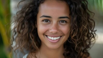 Poster - A smiling woman with curly hair looking directly at the camera