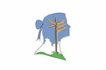 Poster - Single continuous line drawing the head of woman has lightbulb in the middle of her head. Confused by the many choices. Looking for clues, Inside the Head of Woman. One line design vector illustration