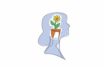Poster - Single continuous line drawing the head of woman with pot containing flowering plant in the middle of her head. Farmer in her spare time. Inside the Head of Woman. One line design vector illustration