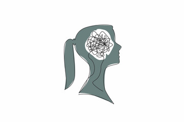 Poster - Single one line drawing the head of woman with a tangled wire in the middle of her head. Stress. Tired. Too many problems. Chaos. Inside the Head of Woman. Continuous line design graphic illustration