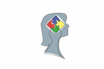 Poster - Continuous one line drawing the head of woman has a puzzle in the middle of her head. Solve problems one by one. Out of the box. Inside the Head of Woman. Single line draw design vector illustration