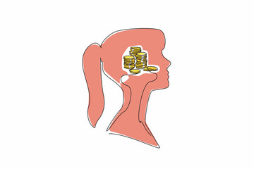 Poster - Single one line drawing the head of a woman with a pile of coins in the middle of her head. A little pile that will be hilly. Inside the Head of Woman. Continuous line design graphic illustration