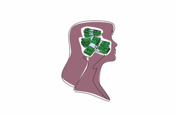 Poster - Single continuous line drawing the head of a woman with a pile of banknotes in the middle of her head. Consideration, spent or invested. Inside the Head of Woman. One line design vector illustration