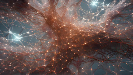 Aufkleber - Close up of a tree with many branches and lights on it, shown with digital effects and glowing elements in a high-resolution style