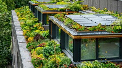 Poster - A row of houses with green roofs and possibly a park or garden in the front