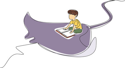 Poster - Single continuous line drawing boy reading book on cute stingray swimming. Read about the poisonous tail of the stingray. Beware. Boy Reading Book at Animal Back. One line design vector illustration