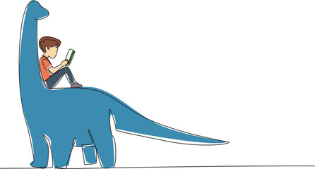 Poster - Single one line drawing young boy reading book on cute brontosaurus. Serious reading about the existence of dinosaurs. Boy Reading Book at Animal Back. Continuous line design graphic illustration