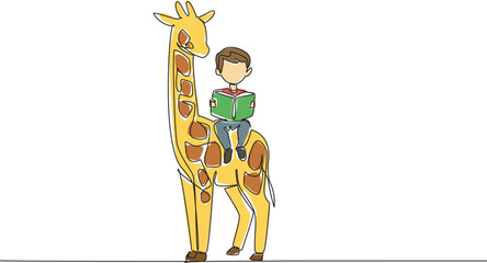 Poster - Continuous one line drawing the young boy reading book on cute giraffe. Learn about natural science directly from nature. Boy Reading Book at Animal Back. Single line draw design vector illustration