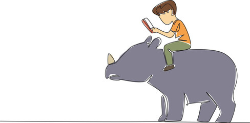 Poster - Continuous one line drawing boy reading book on cute rhinoceros. Read about one of the largest remaining megafauna. Nerd. Boy Reading Book at Animal Back. Single line draw design vector illustration