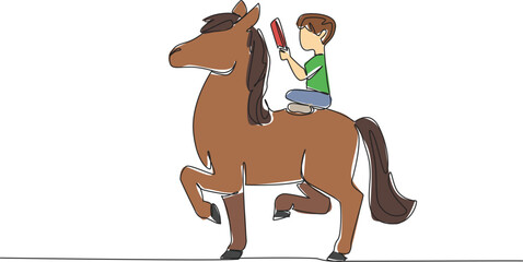 Poster - Single one line drawing boy reading book on cute horse. Learning and practicing balance. Reading on a walking horse. Nerd. Boy Reading Book at Animal Back. Continuous line design graphic illustration