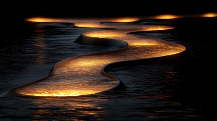 Poster - Futuristic glowing pathway over water during nighttime dark river creates beautiful light reflections