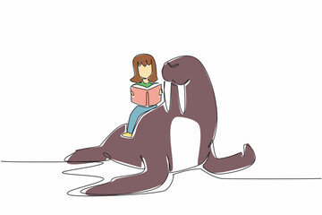 Poster - Single continuous line drawing girl reading book on cute walrus. Cultivate interest in reading. Achieve intelligence. The nerd. Girl Reading Book at Animal Back. One line design vector illustration