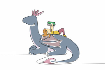 Poster - Single one line drawing girl reading book on cute dragon. Relaxing while reading. Increasing knowledge in various ways. Girl Reading Book at Animal Back. Continuous line design graphic illustration