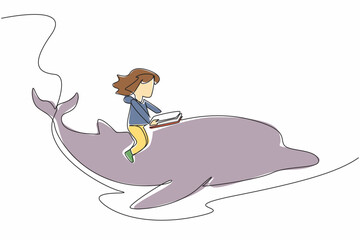 Poster - Single continuous line drawing girl reading book on cute dolphin swimming. Observing the smartest aquatic mammal from the book. Girl Reading Book at Animal Back. One line design vector illustration