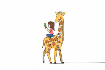 Poster - Single one line drawing girl reading book on cute giraffe. Read about the tallest living land animal. Increase knowledge. Girl Reading Book at Animal Back. Continuous line design graphic illustration